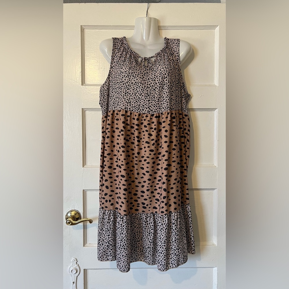 Sleeveless Tiered Midi Dress in Taupe and Black Polka Dot